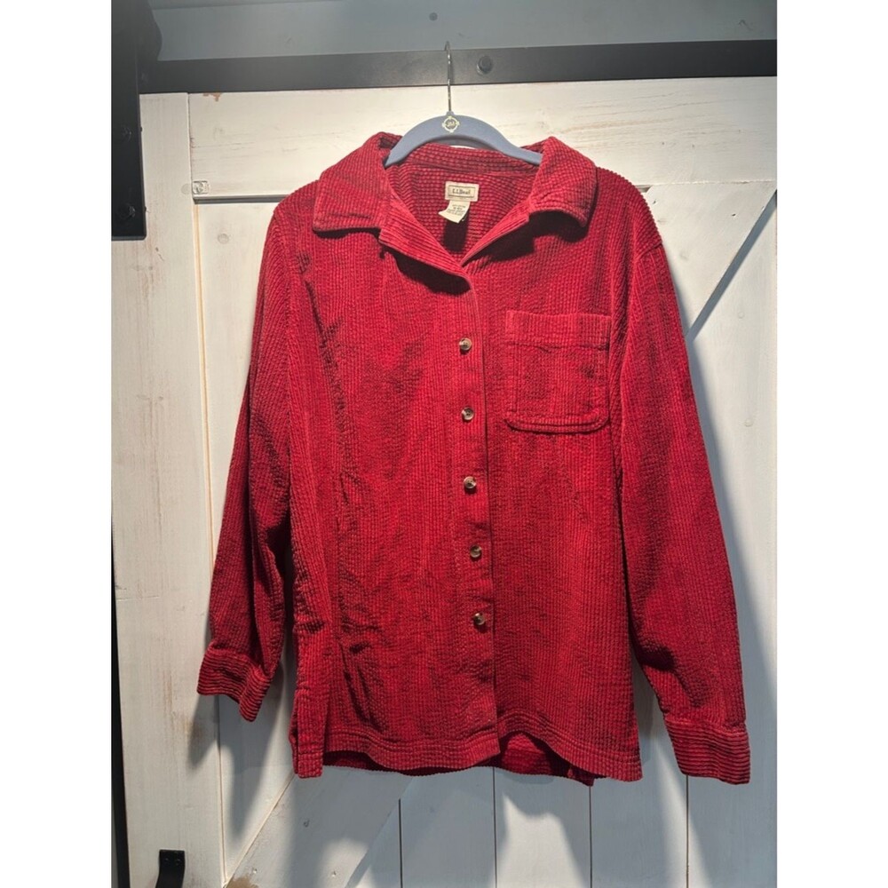 L.L. Bean Red Wide Wale Corduroy Button-Down Shirt 100% Cotton Shacket Medium - Picture 3 of 4